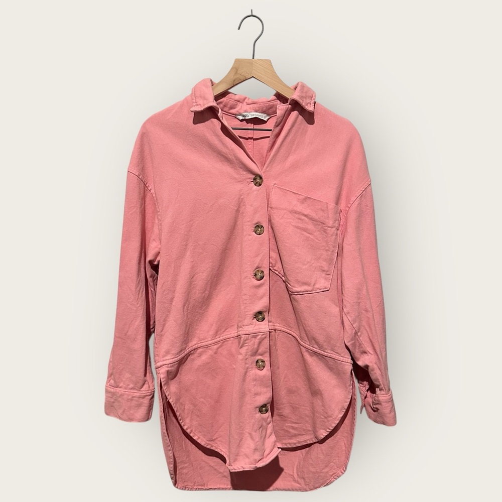 Zara XS Oversized Pink Denim Button Down Jacket Coat